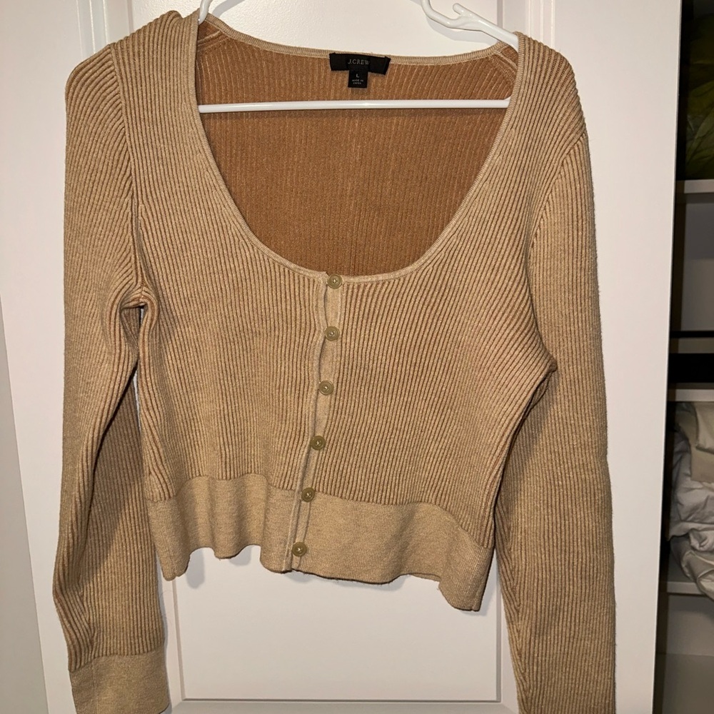 J. Crew Tan Ribbed Cropped Cardigan Sweater